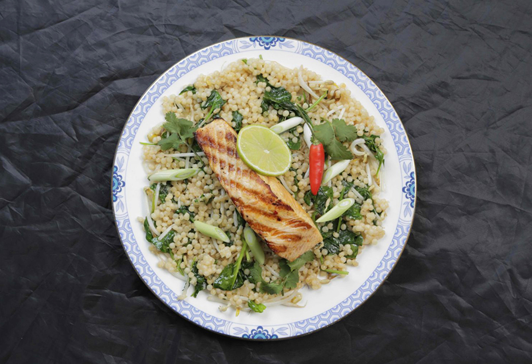 Asian Style Peal Couscous with Grilled Salmon