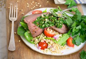 Beef and pearl barley salad with fresh chimichurri