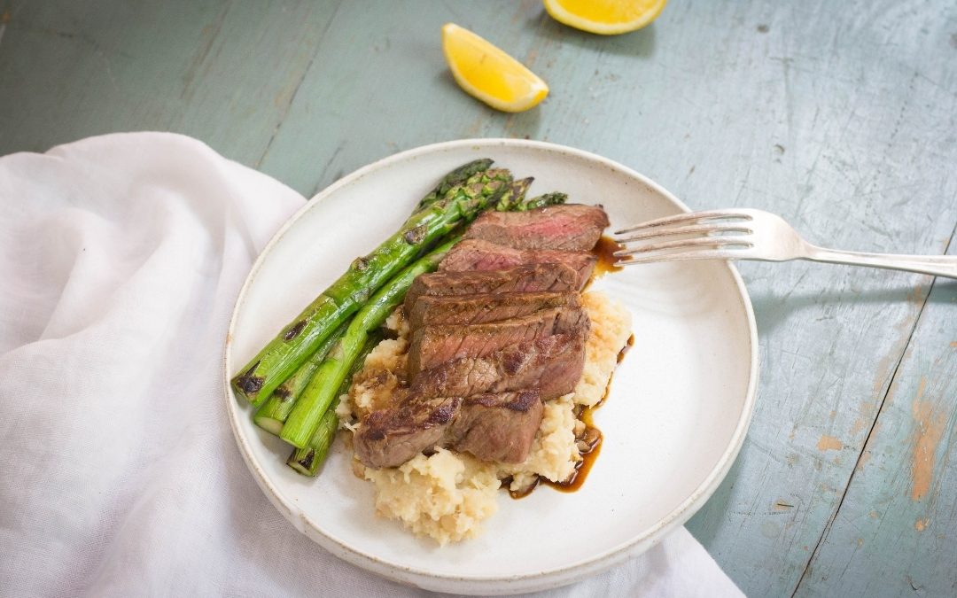 Grilled Steak on parsnip mash with charred asparagus