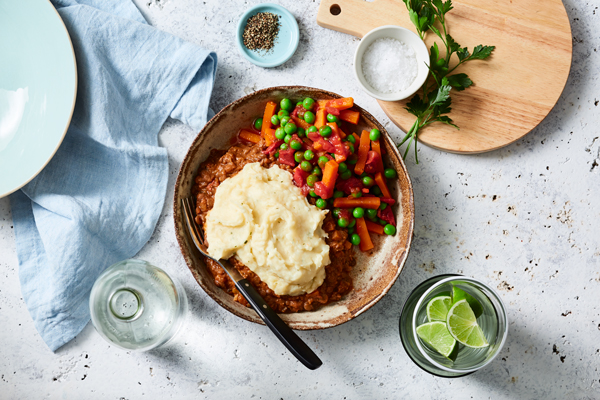 Lentil & Veg Cottage Pie Topped with Potato & Butter Bean Mash and a Side of Vegetables