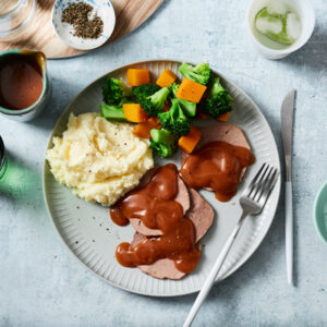 Roast Beef with Potato & Butter Bean Mash, Vegetables and Gravy
