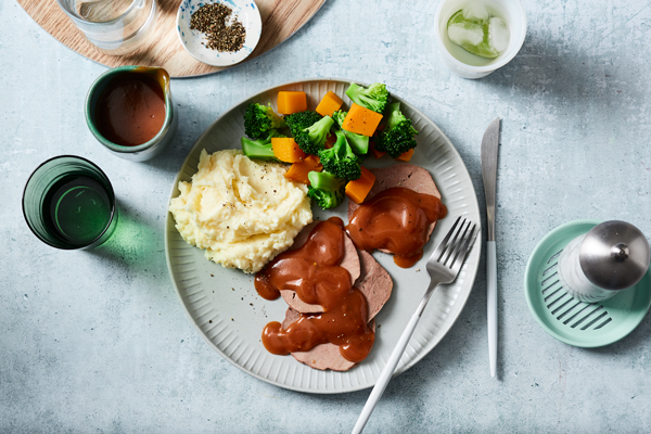 Roast Beef with Potato & Butter Bean Mash, Vegetables and Gravy