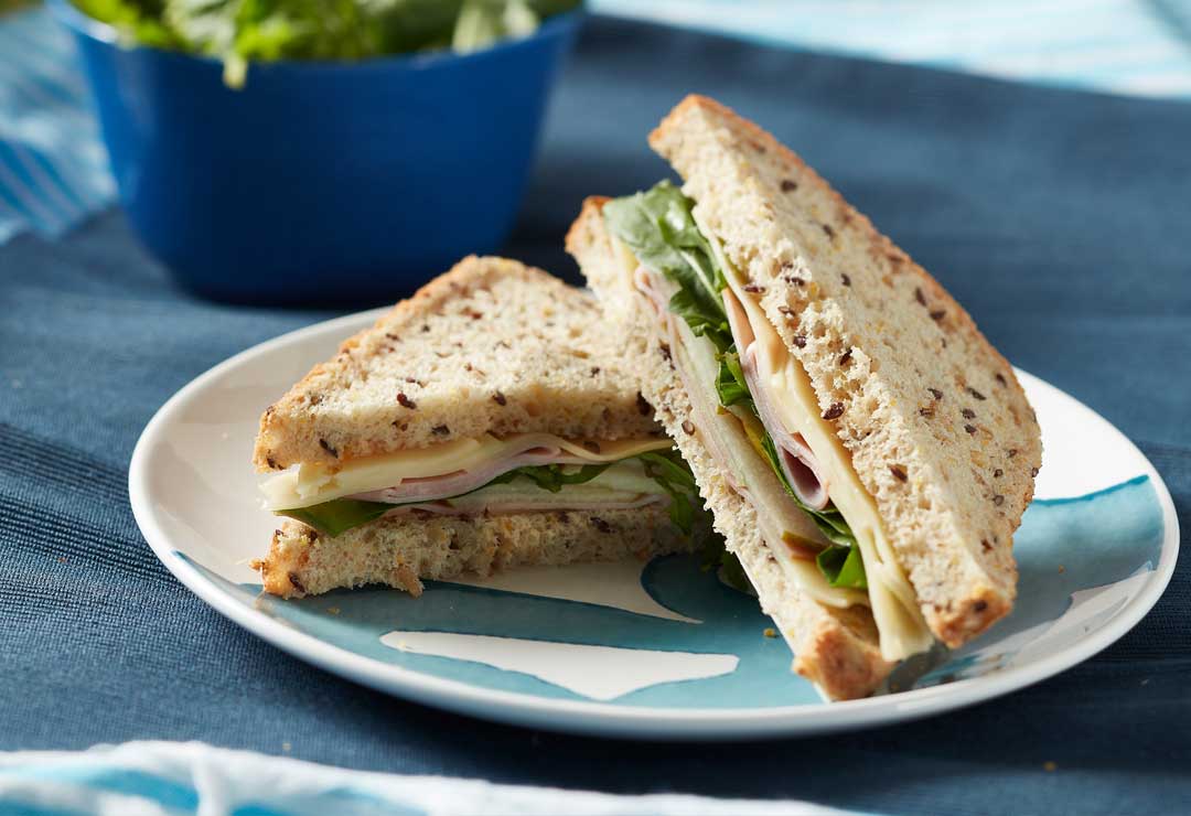 Ham, cheese, pear and rocket sandwich