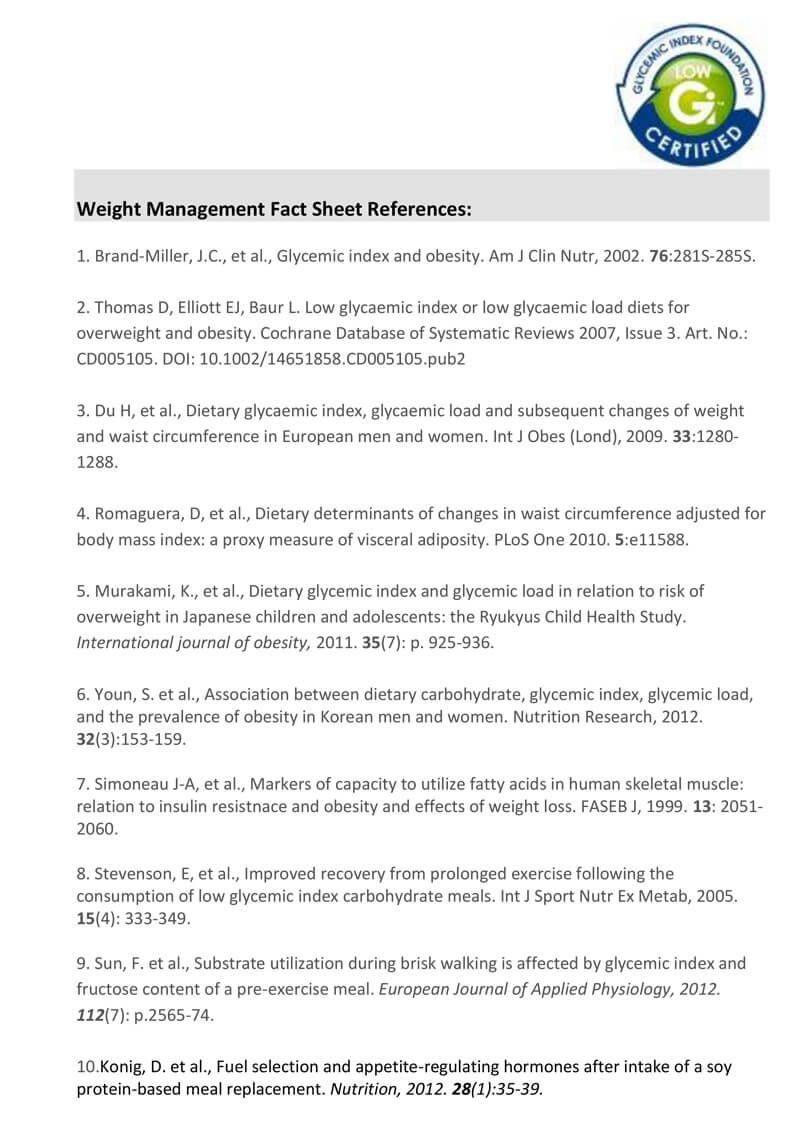 Weight Management Fact Sheet references