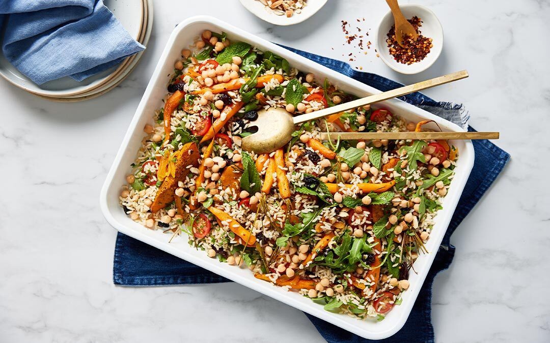 Moroccan Carrot, Pumpkin, Chickpea and Rice One Pan