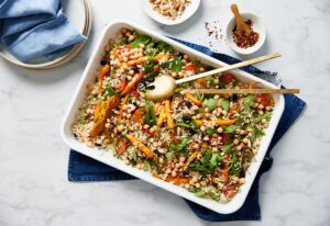 Moroccan Carrot, Pumpkin, Chickpea and Rice One Pan