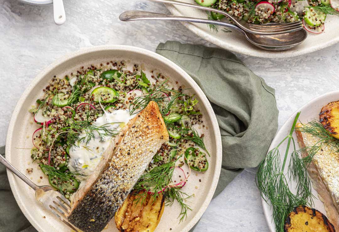 Salmon with Quinoa, Mint and Cucumber Salad