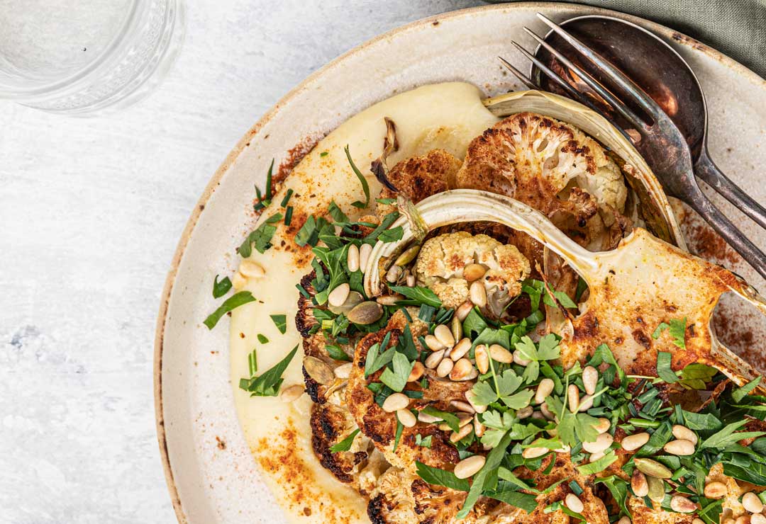 Spiced Cauliflower Steaks, Toasted Nuts and Potato Mash