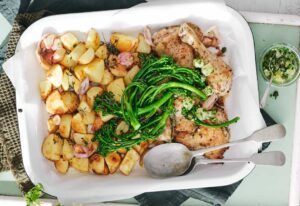 Roasted Carisma Potato, Chicken, Broccolini Tray Bake